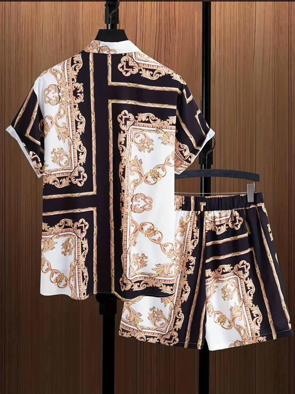 Retro-Muster-Druck, Casual-Lapel-Knopfleiste Kurzarmhemden Hawaii-Shirt Und Kordelzug-Shorts-Set - tif-shop24.de