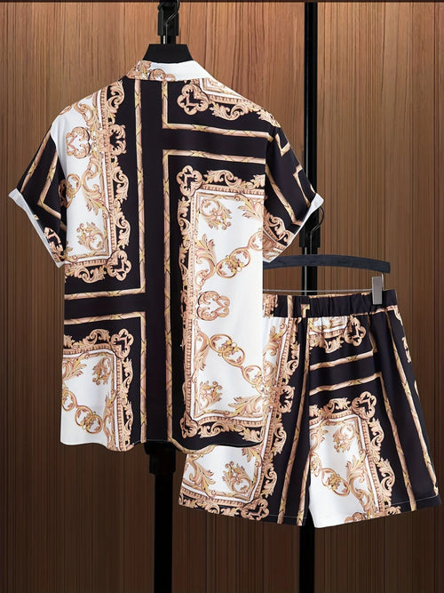 Retro-Muster-Druck, Casual-Lapel-Knopfleiste Kurzarmhemden Hawaii-Shirt Und Kordelzug-Shorts-Set - tif-shop24.de