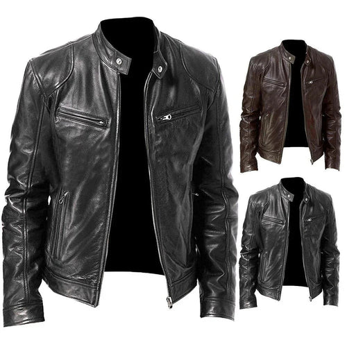 Herbst Winter Männer Stehkragen Zipper Faux Leder Motorrad Jacke Kurz Mantel | tif-shop24.de