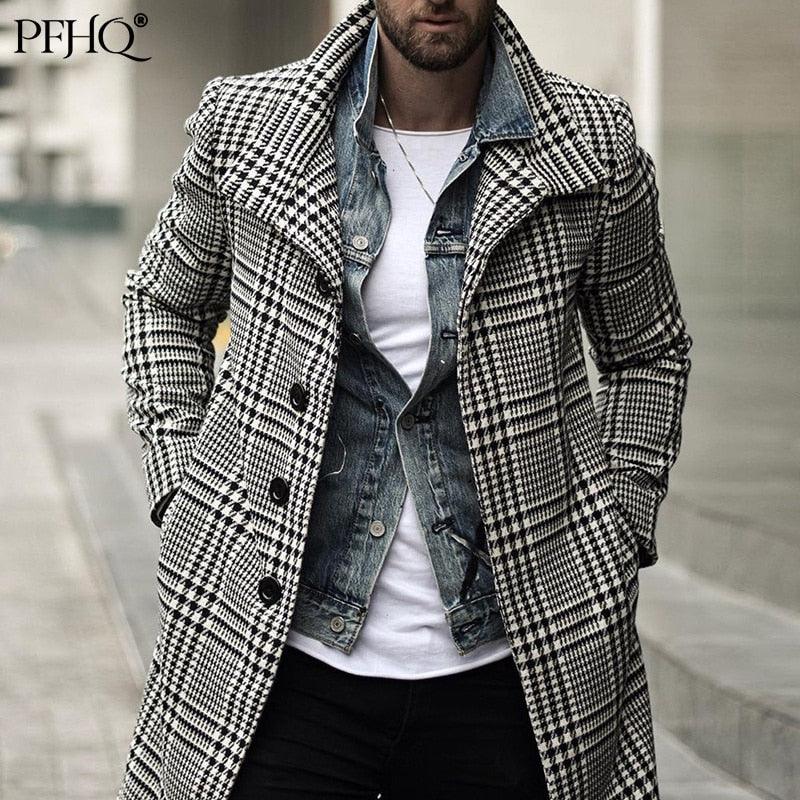 PFHQ Plaid Karo Windjacke Slim Fit Streetwear Mantel Einreiher Trenchcoat 21D3186 - tif-shop24.de