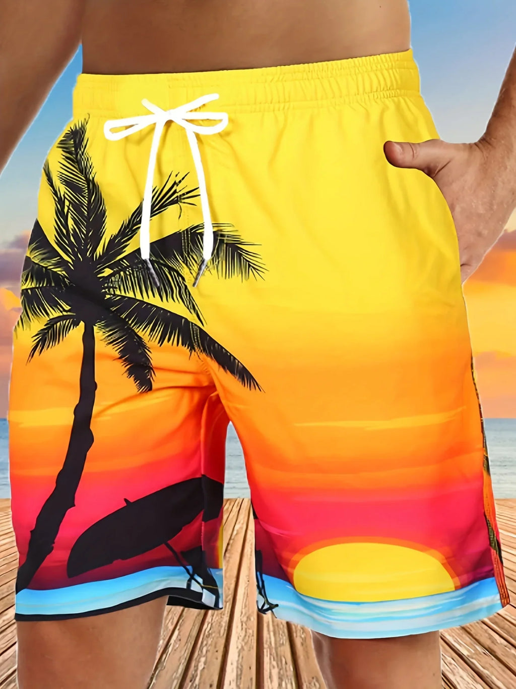 Gelbe Strandshorts Mit Stranddruck, Schnell Trocknende Badehose Mit Kordelzug, Badeshorts Für Den Sommer-Strandpool, Herren-Bademode In Übergröße - tif-shop24.de