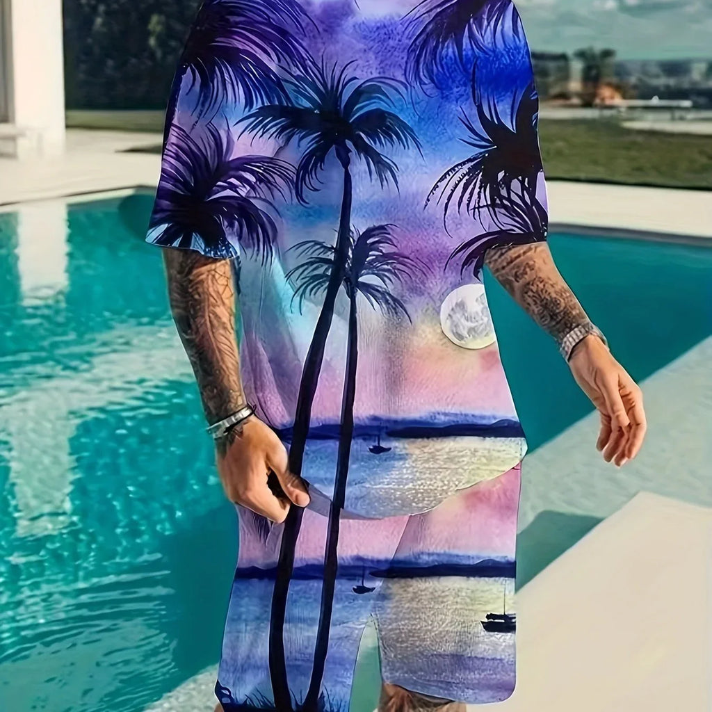 2‑teiliges Herren‑Strand‑Outfit mit Kokospalmen‑Grafik — Crew‑Neck T‑Shirt & Shorts‑Set - tif-shop24.de