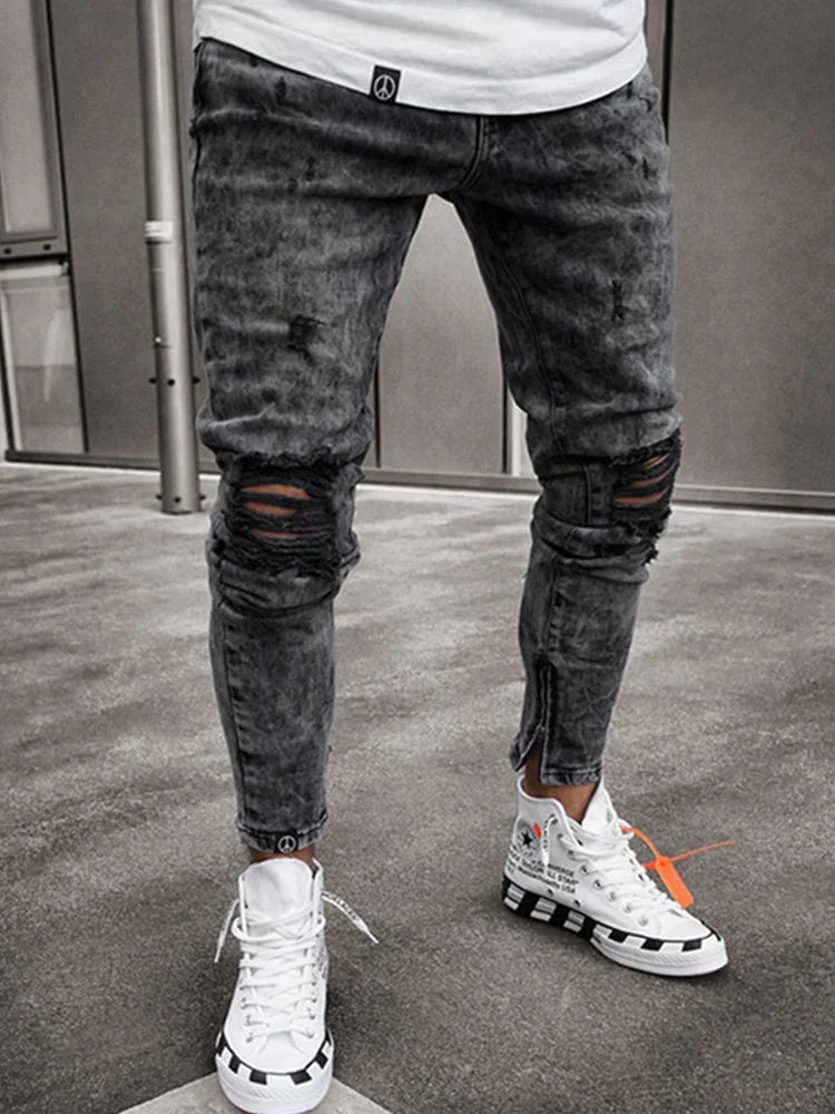 Streetwear kniegerissene Röhrenjeans Hip Hop Fashion Destroyed Hole Pants Einfarbige Stretch-Jeanshose - tif-shop24.de