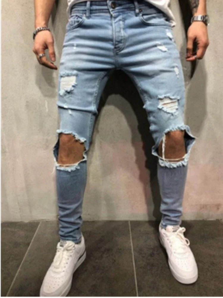 Streetwear kniegerissene Röhrenjeans Hip Hop Fashion Destroyed Hole Pants Einfarbige Stretch-Jeanshose | tif-shop24.de