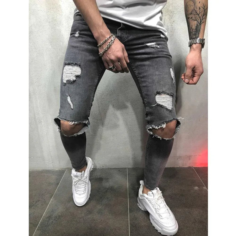 Streetwear kniegerissene Röhrenjeans Hip Hop Fashion Destroyed Hole Pants Einfarbige Stretch-Jeanshose | tif-shop24.de