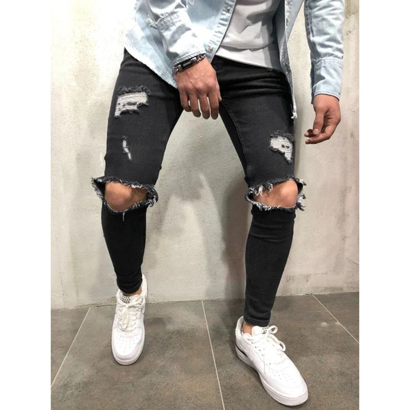 Streetwear kniegerissene Röhrenjeans Hip Hop Fashion Destroyed Hole Pants Einfarbige Stretch-Jeanshose | tif-shop24.de