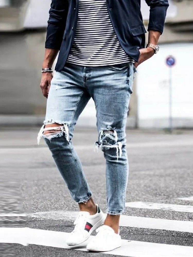 Streetwear kniegerissene Röhrenjeans Hip Hop Fashion Destroyed Hole Pants Einfarbige Stretch-Jeanshose - tif-shop24.de