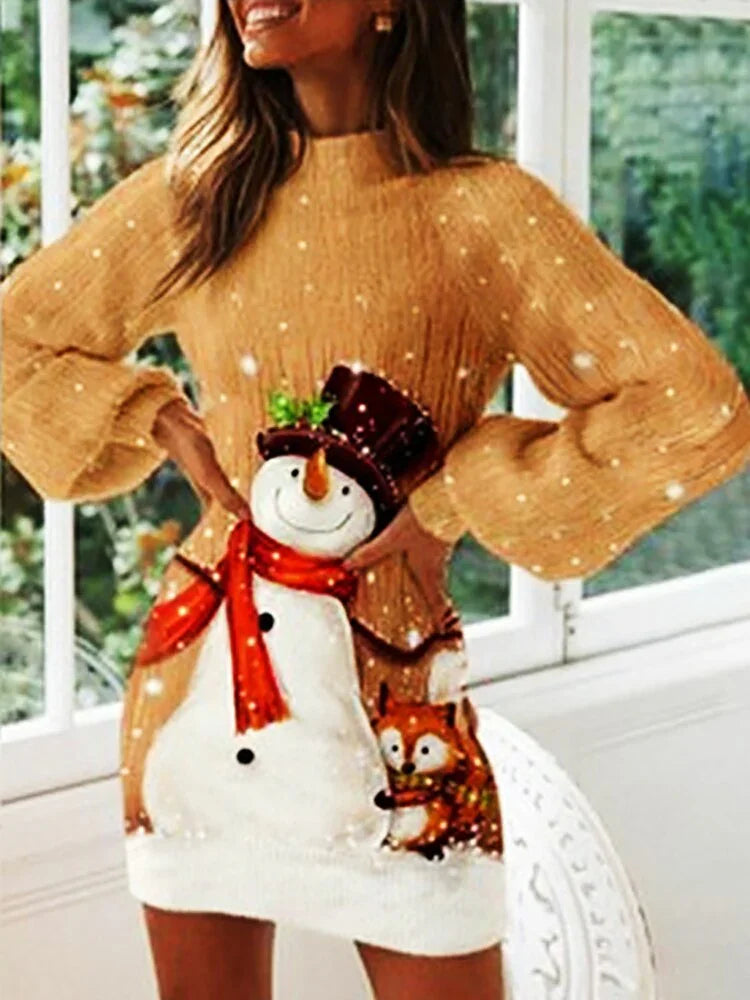 Slim Fit Minikleid Weihnachten Oansatz Sexy Warm Herbst Winter Laterne Ärmel Kleid Druck Streetwear - tif-shop24.de