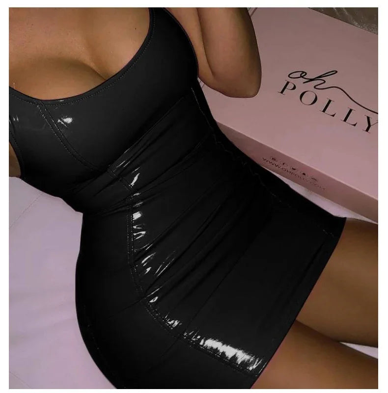 PVC Latex Nightclub Dresses Bodycon Package Hip Summer Sexy PU Patent Leather Sheath Tank Dress Women Short Mini Low Cut Slim | tif-shop24.de