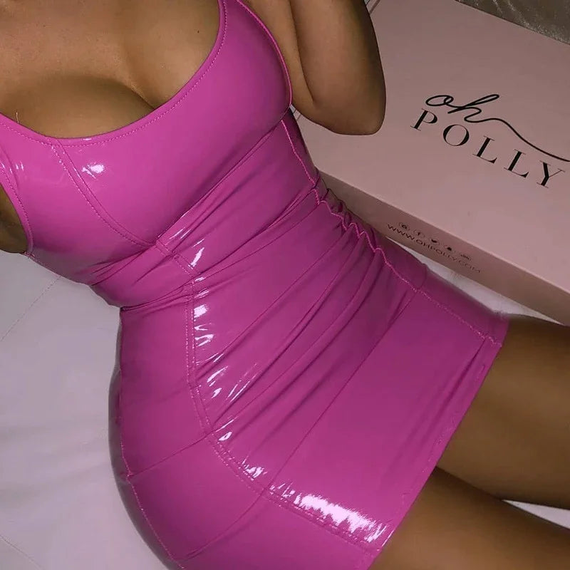 PVC Latex Nightclub Dresses Bodycon Package Hip Summer Sexy PU Patent Leather Sheath Tank Dress Women Short Mini Low Cut Slim | tif-shop24.de