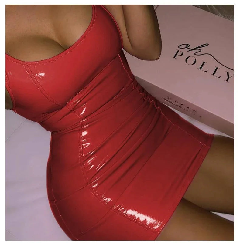 PVC Latex Nightclub Dresses Bodycon Package Hip Summer Sexy PU Patent Leather Sheath Tank Dress Women Short Mini Low Cut Slim - tif-shop24.de