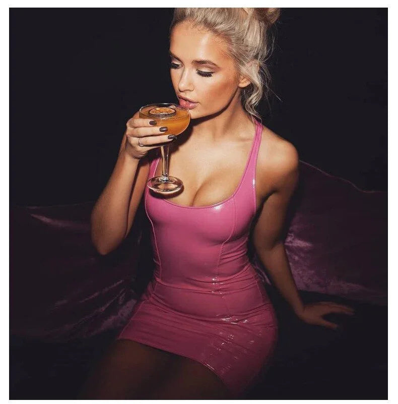 PVC Latex Nightclub Dresses Bodycon Package Hip Summer Sexy PU Patent Leather Sheath Tank Dress Women Short Mini Low Cut Slim | tif-shop24.de