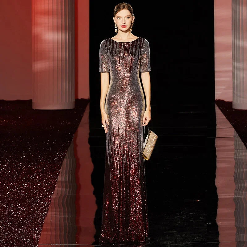 Formelle Abendkleider 2022 Neue Meerjungfrau O-Ausschnitt Kurzarm Pailletten Tüll Lange Partykleider Robe Soiree | tif-shop24.de