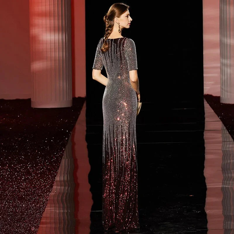 Formelle Abendkleider 2022 Neue Meerjungfrau O-Ausschnitt Kurzarm Pailletten Tüll Lange Partykleider Robe Soiree | tif-shop24.de