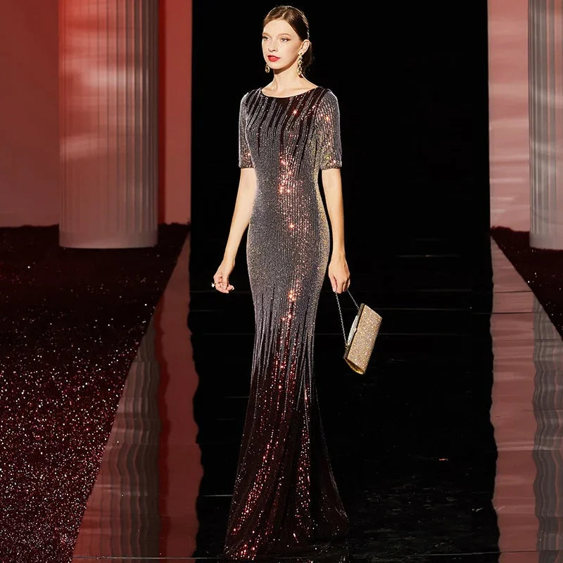 Formelle Abendkleider 2022 Neue Meerjungfrau O-Ausschnitt Kurzarm Pailletten Tüll Lange Partykleider Robe Soiree | tif-shop24.de