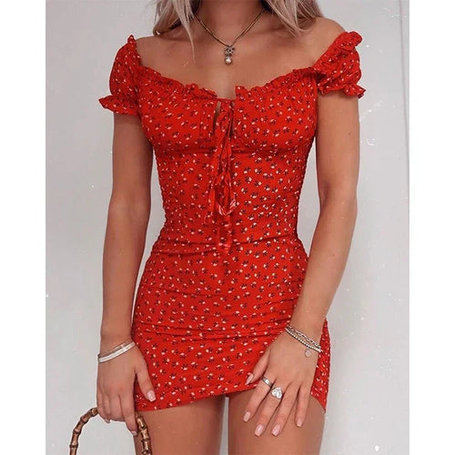 Floral Wrap Kleid Off Schulter Krawatte Up Front Rüschen Mini Kleid Sommer Büro Dame Slash Neck Gedruckt Bleistift Kleid | tif-shop24.de