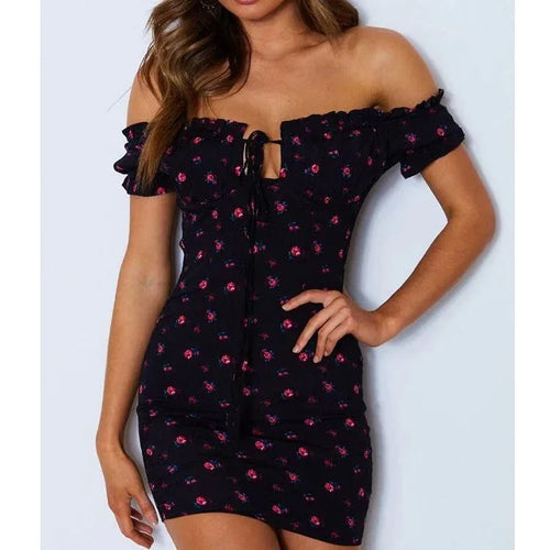 Floral Wrap Kleid Off Schulter Krawatte Up Front Rüschen Mini Kleid Sommer Büro Dame Slash Neck Gedruckt Bleistift Kleid | tif-shop24.de