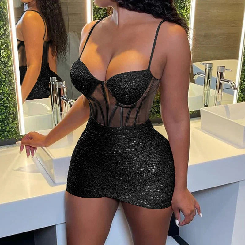 Sleeveless Sequin Bodycon Dress — Low Cut Cami, Contrast Mesh - tif-shop24.de