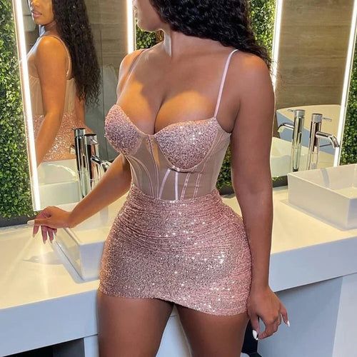 Sleeveless Sequin Bodycon Dress — Low Cut Cami, Contrast Mesh | tif-shop24.de