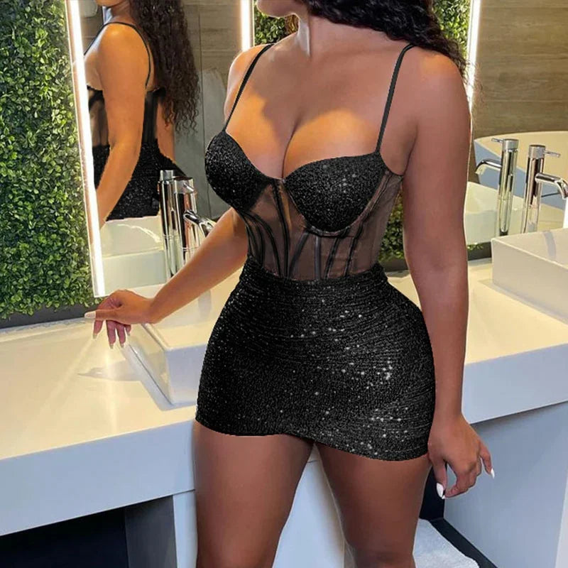 Sleeveless Sequin Bodycon Dress — Low Cut Cami, Contrast Mesh | tif-shop24.de