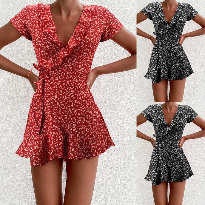 Sommer Floal A-Line Kleid Süße Elegante Floral Rüschen V-ausschnitt Bandage Kurze Chic Blumen Mini Kleid - tif-shop24.de