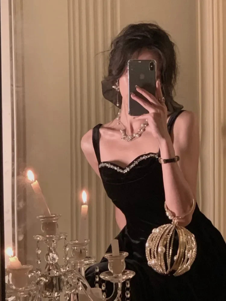 Elegant Wedding Party Black Velvet Midi Dresses Square Neck Long Sleeves Evening Prom Mini Clothing | tif-shop24.de