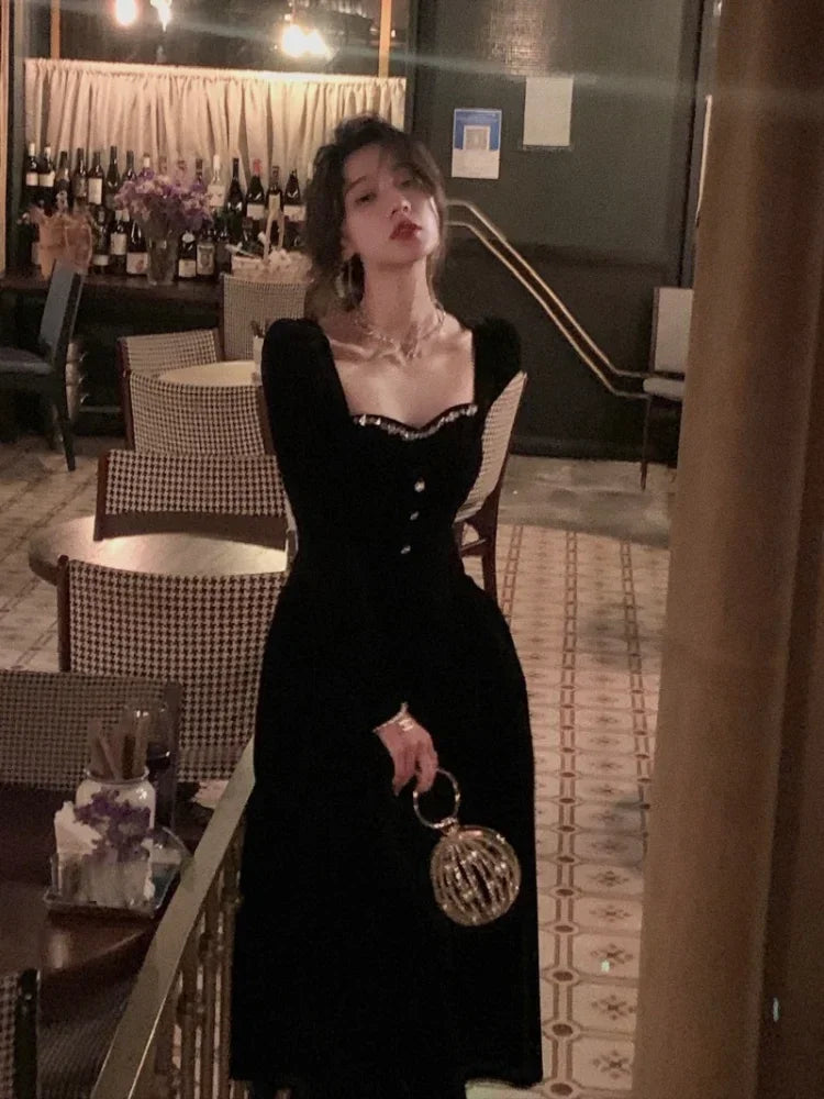 Elegant Wedding Party Black Velvet Midi Dresses Square Neck Long Sleeves Evening Prom Mini Clothing | tif-shop24.de