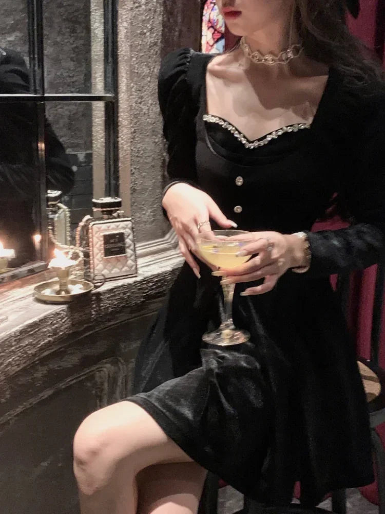 Elegant Wedding Party Black Velvet Midi Dresses Square Neck Long Sleeves Evening Prom Mini Clothing - tif-shop24.de