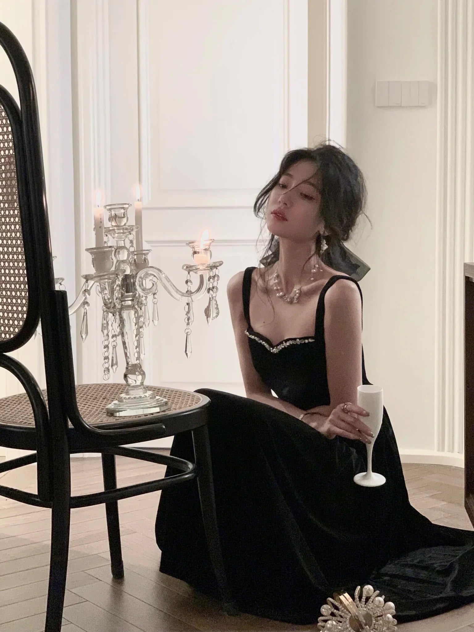 Elegant Wedding Party Black Velvet Midi Dresses Square Neck Long Sleeves Evening Prom Mini Clothing | tif-shop24.de