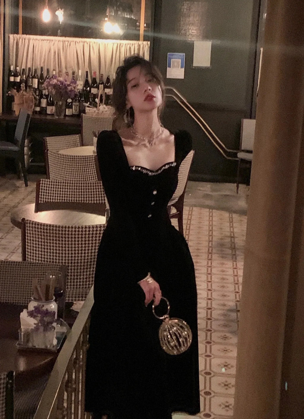 Elegant Wedding Party Black Velvet Midi Dresses Square Neck Long Sleeves Evening Prom Mini Clothing | tif-shop24.de