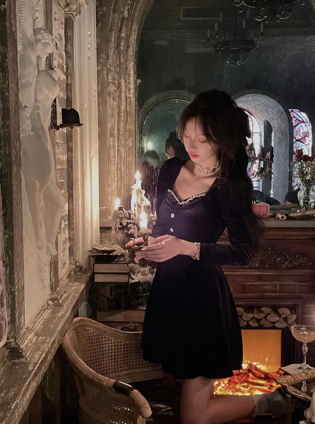 Elegant Wedding Party Black Velvet Midi Dresses Square Neck Long Sleeves Evening Prom Mini Clothing | tif-shop24.de