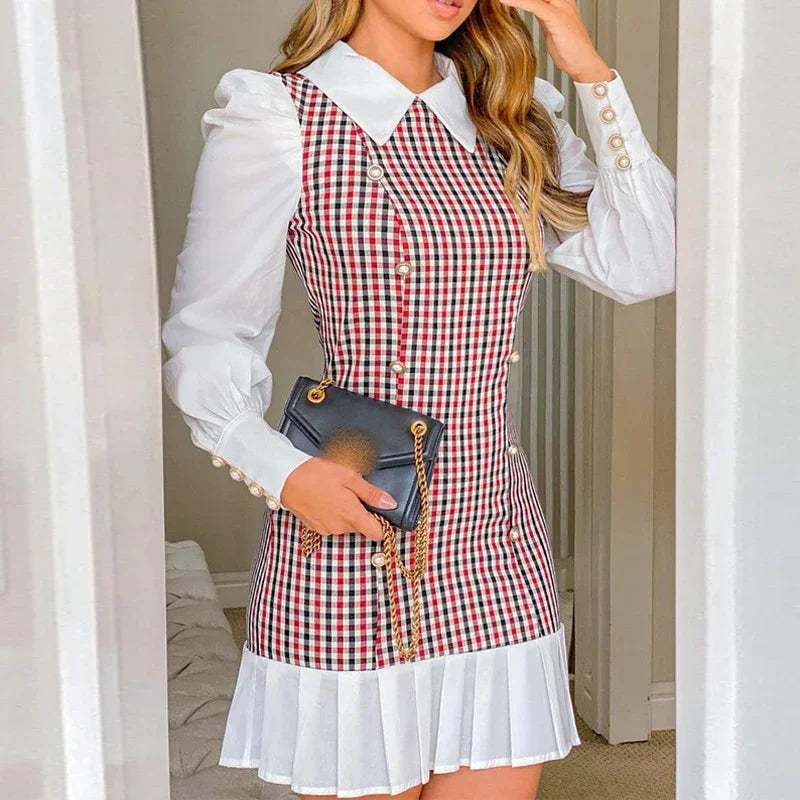 Mode Bürodame Kleider Sexy Umlegekragen A-Linie Patchwork Kariertes Minikleid - tif-shop24.de