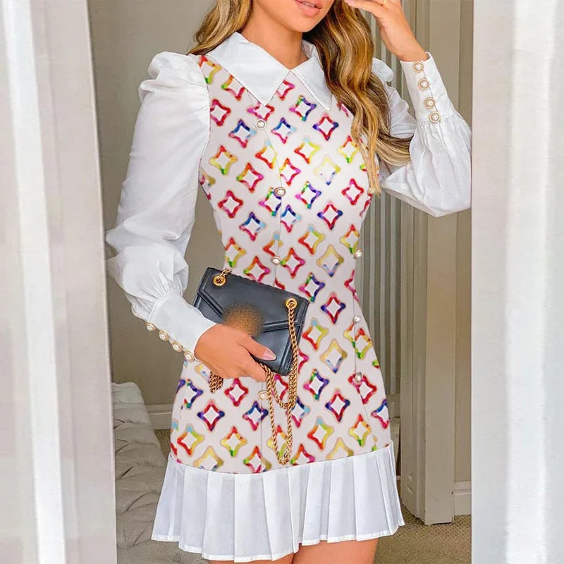 Mode Bürodame Kleider Sexy Umlegekragen A-Linie Patchwork Kariertes Minikleid | tif-shop24.de