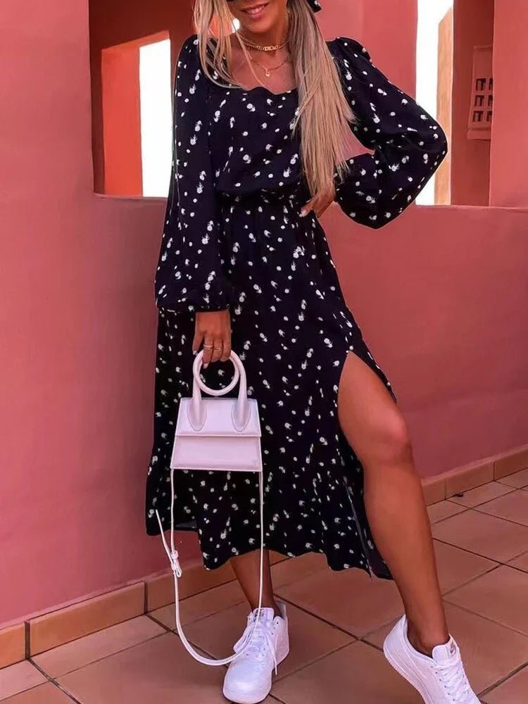 Ruffle Lace-up Beach Party Dress Boho Casual Floral Print Maxi Dress Female Casual Loose V-Neck Long Splits Dress Vestidos | tif-shop24.de