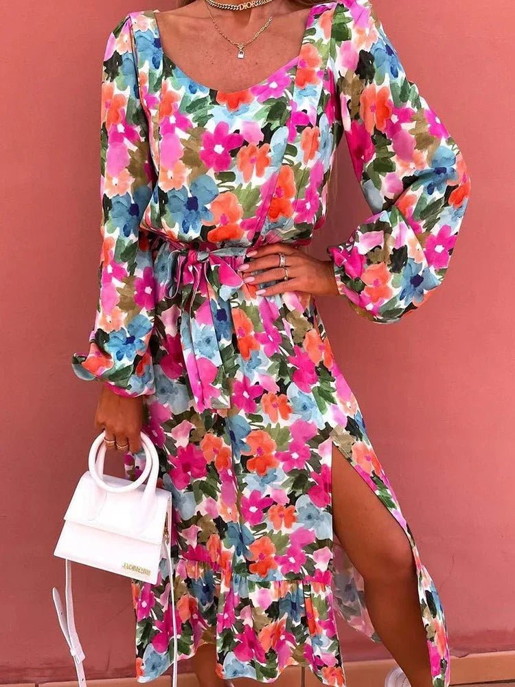 Ruffle Lace-up Beach Party Dress Boho Casual Floral Print Maxi Dress Female Casual Loose V-Neck Long Splits Dress Vestidos | tif-shop24.de