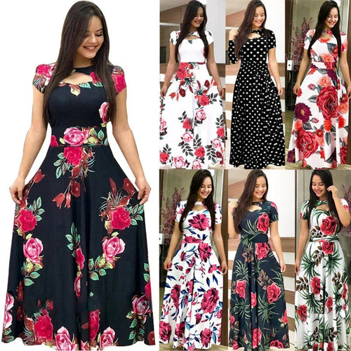 Kurzarm Aushöhlen O-ansatz Lange Kleid Sommer Elegante Blumen Gedruckt Hohe Taille Elastische Elegante Boho Robe Maxi Vestidos - tif-shop24.de