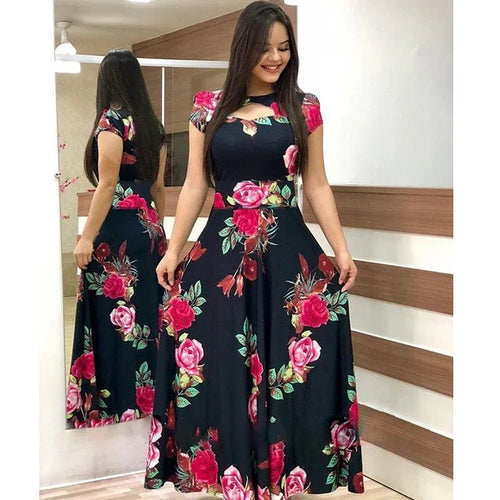 Kurzarm Aushöhlen O-ansatz Lange Kleid Sommer Elegante Blumen Gedruckt Hohe Taille Elastische Elegante Boho Robe Maxi Vestidos | tif-shop24.de