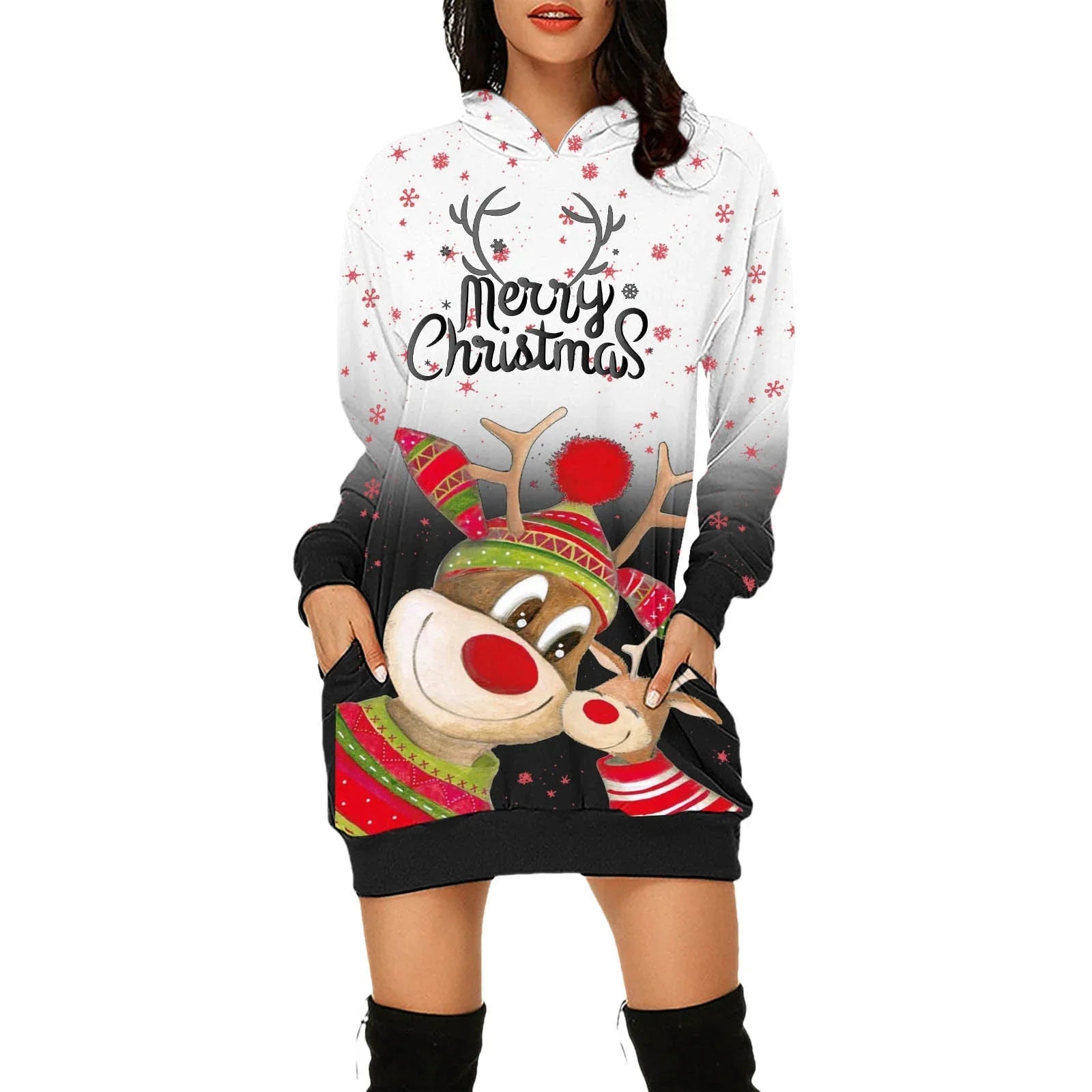 Hoodies Kleid Weihnachten Print Langarm Sweatshirt Kleider Lässige lose Sweatshirt mit Tasche - tif-shop24.de