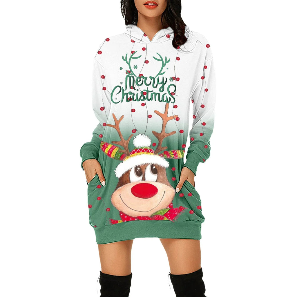 Hoodies Kleid Weihnachten Print Langarm Sweatshirt Kleider Lässige lose Sweatshirt mit Tasche | tif-shop24.de