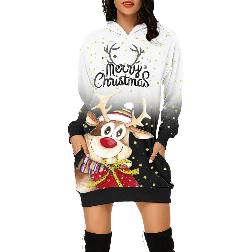 Hoodies Kleid Weihnachten Print Langarm Sweatshirt Kleider Lässige lose Sweatshirt mit Tasche | tif-shop24.de