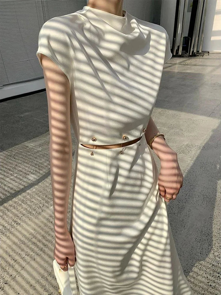 TWOTWINSTYLE Elegant White Long Dress Female Round Neck Short Sleeve High Waist Cut Out Midi Clothing | tif-shop24.de