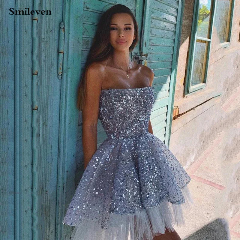 Smileven Short Sequins Cocktail Strapless Mini Prom Homecoming Party Dress - tif-shop24.de