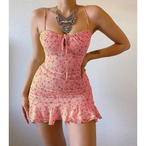 Sexy Sling Hohl Kurzen Casual High Street Print Floral Nahen Taille Ärmelloses Strand Kleid | tif-shop24.de