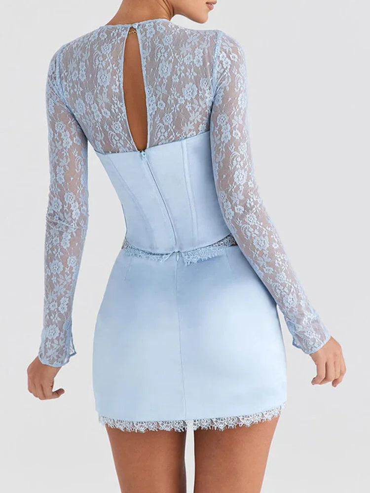 Mozision Lace Stretchy Satin Sexy Dress Set Women Hollow Out Corset Top And Mini Skirt Sets Female Club Party Two Piece Set | tif-shop24.de