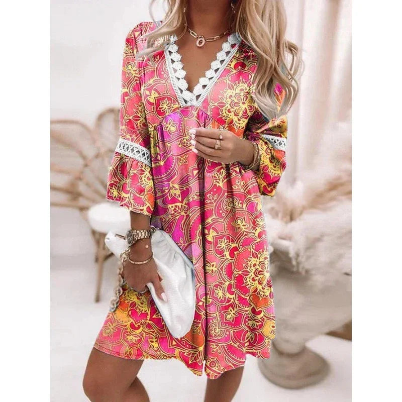 Spring Oversize Print A-line Pleated Long Sleeve Dress | tif-shop24.de
