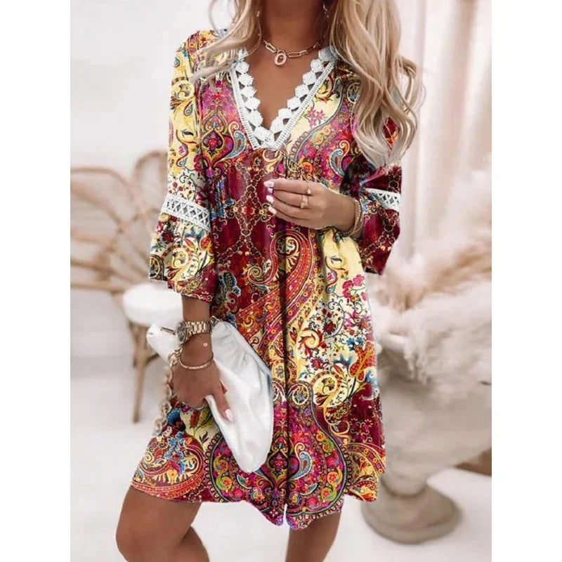 Spring Oversize Print A-line Pleated Long Sleeve Dress | tif-shop24.de