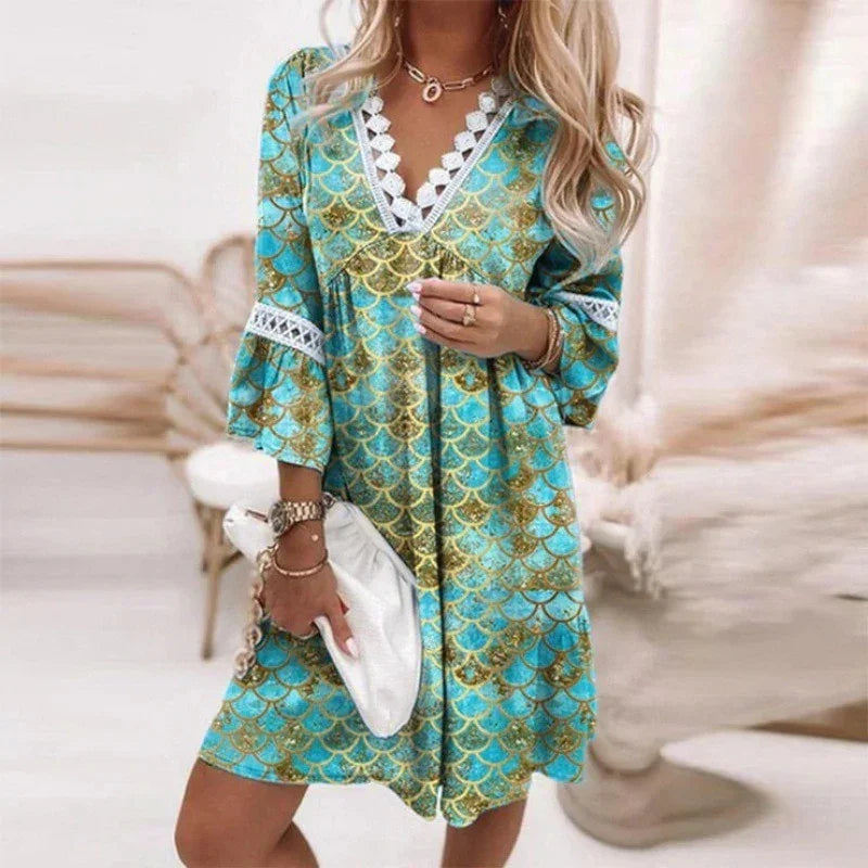 Spring Oversize Print A-line Pleated Long Sleeve Dress | tif-shop24.de