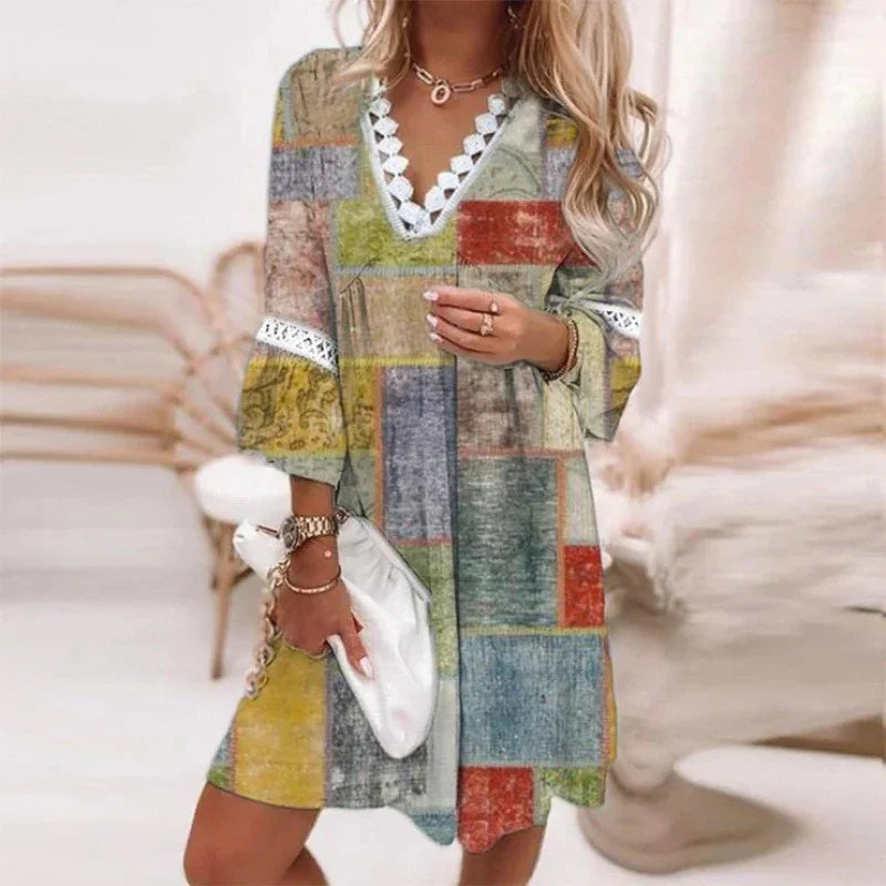 Spring Oversize Print A-line Pleated Long Sleeve Dress | tif-shop24.de