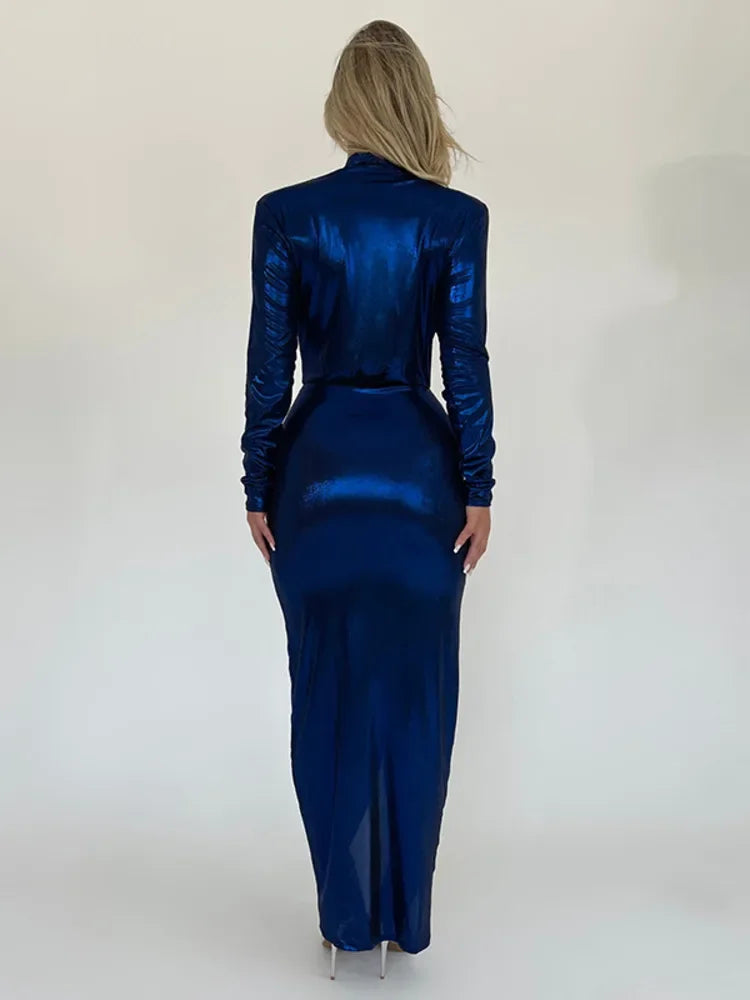 Deep V Neck Long Sleeve Bodycon Maxi Dress New Ruched Shiny Sexy PU Leather Dress | tif-shop24.de