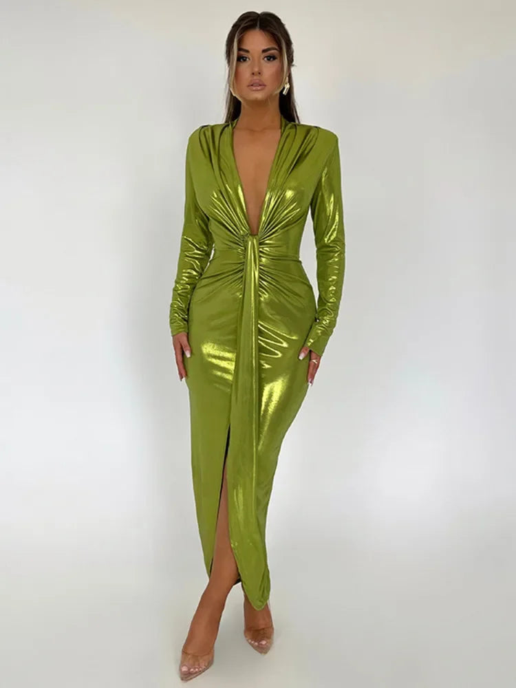 Deep V Neck Long Sleeve Bodycon Maxi Dress New Ruched Shiny Sexy PU Leather Dress | tif-shop24.de